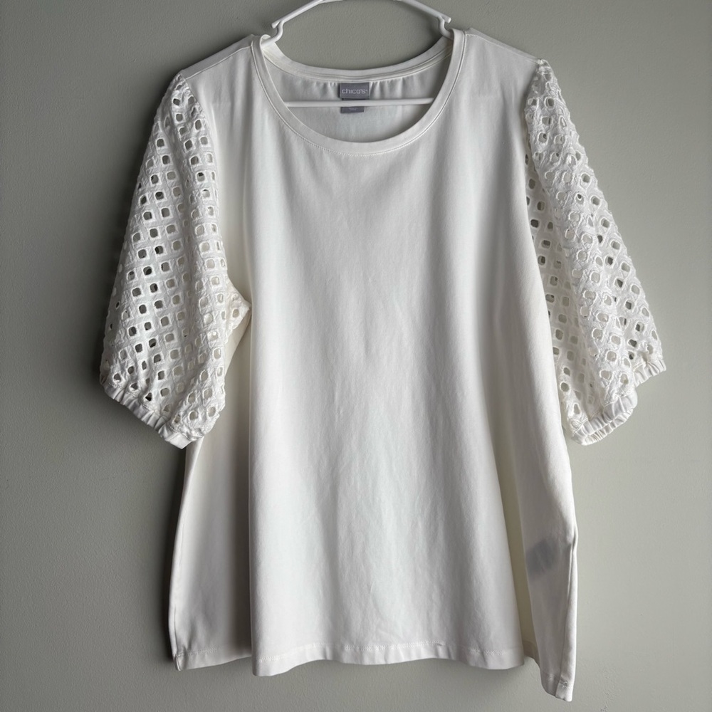 Chico’s Eyelet Sleeve Top Women’s 3 (XL/16) White Knit Spring Summer Blouse